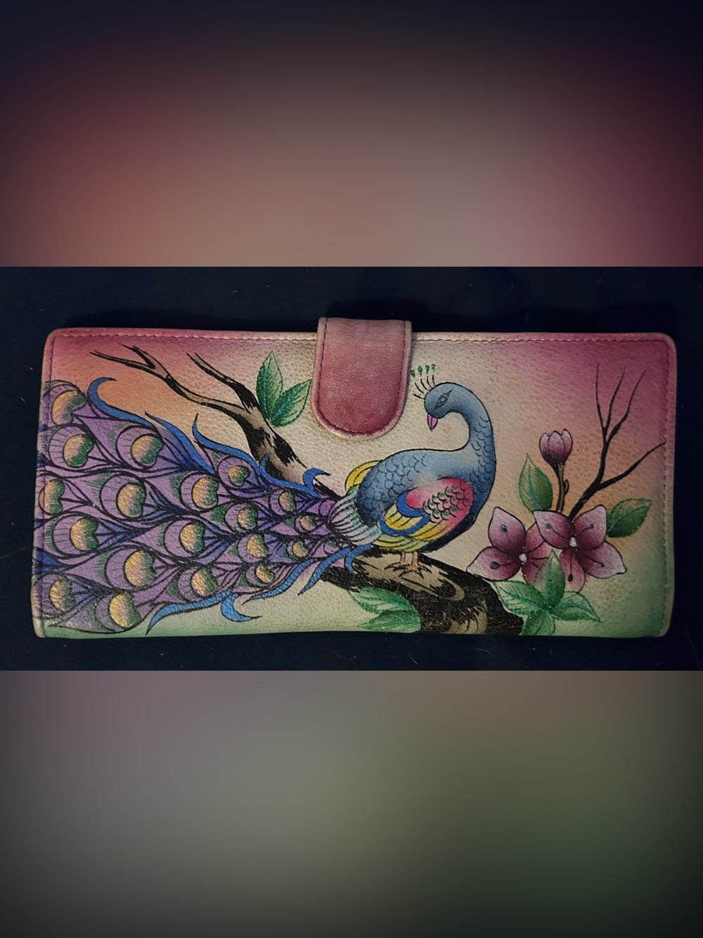 Anuschka Hand-Painted Peacock Floral Wallet - Purple